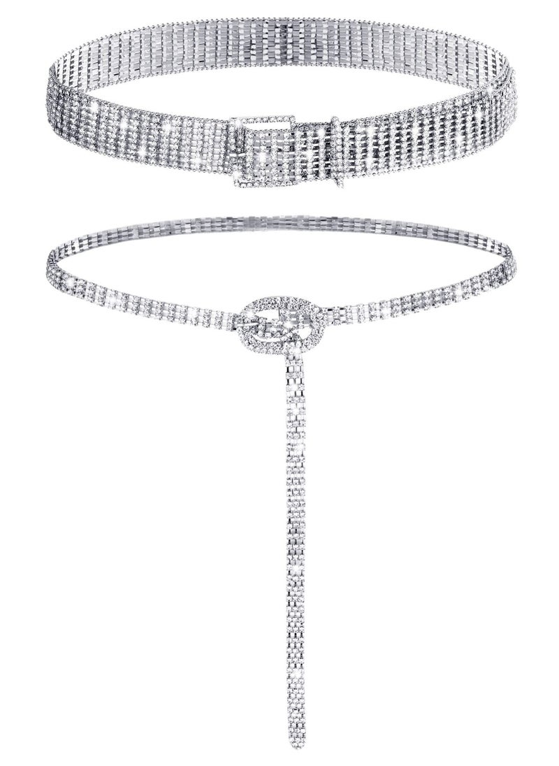 Generic - 2 Pieces Women Rhinestone Belt for Dress Crystal Diamond Waist Belt Shiny Rhinestone Wide Waist Belt Ladies Belt and Ladies Dress Diamond Chain Belt, Silver,Medium, Fit Waist Size 27 to 34 Inch - Image 1
