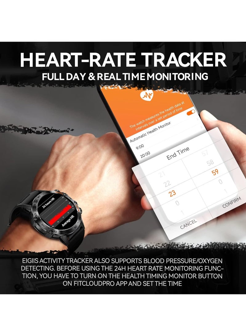 ارواق ساعة ذكية عسكرية بمكالمات تصميم تكتيكي متين متوافقة مع أجهزة أندرويد وآيفون وسامسونج شاشة عالية الدقة 1.39 بوصة مراقبة معدل ضربات القلب والنوم 108 وضع رياضي متعقب للياقة باللون الأسود K52 - Image 4