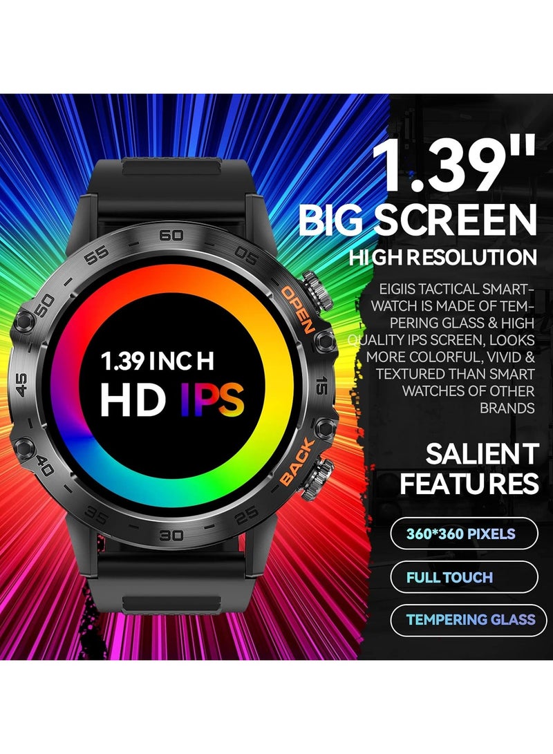 ارواق ساعة ذكية عسكرية بمكالمات تصميم تكتيكي متين متوافقة مع أجهزة أندرويد وآيفون وسامسونج شاشة عالية الدقة 1.39 بوصة مراقبة معدل ضربات القلب والنوم 108 وضع رياضي متعقب للياقة باللون الأسود K52 - Image 3