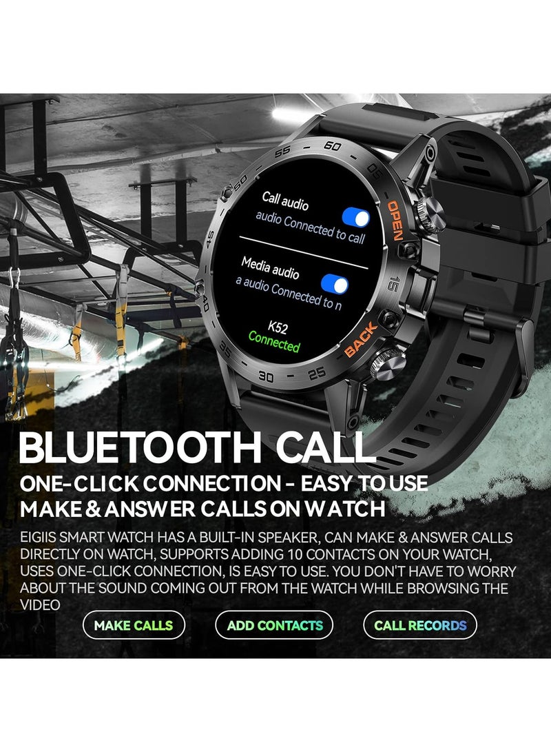 ارواق ساعة ذكية عسكرية بمكالمات تصميم تكتيكي متين متوافقة مع أجهزة أندرويد وآيفون وسامسونج شاشة عالية الدقة 1.39 بوصة مراقبة معدل ضربات القلب والنوم 108 وضع رياضي متعقب للياقة باللون الأسود K52 - Image 2