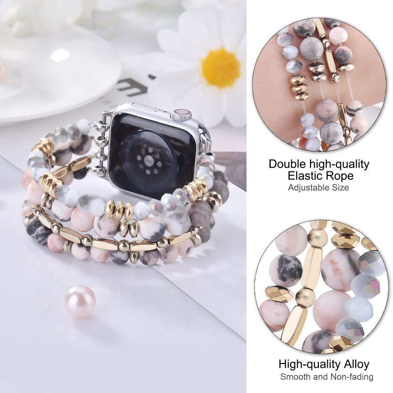 VISOOM Beaded Boho Bracelet Compatible for Apple Watch Band 46/45/44/42mm Series 11 10 9 8 7 SE Series 6/5/4 Women Fashion Cute Handmade Crystal Bead Stretchy Watch Strap for iWatch Bands Series 3/2/1 - Image 2
