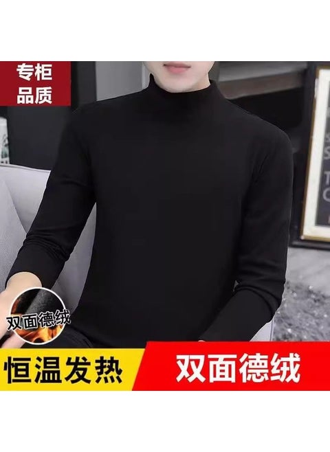 Autumn/Winter Thickened Inner Fleece-Lined Warm Bras Mens Base Layer Top Half Polo/Turtle Neck Solid Color Long Sleeve T-Shirt 014 black