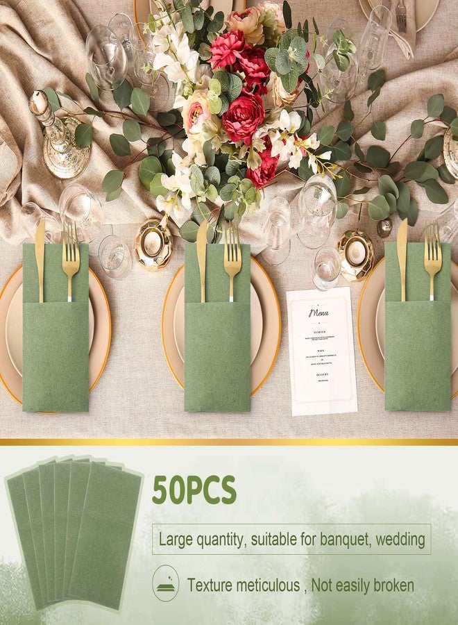 Qilery 50 Pcs Sage Green Paper Linen Napkins with Built in Pocket Flatware Disposable Airlaid Paper Prefolded Dinner Napkins for Silverware Valentine Wedding Party Christmas Day (Classic) - Image 4