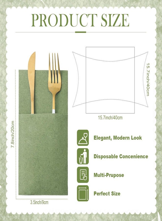 Qilery 50 Pcs Sage Green Paper Linen Napkins with Built in Pocket Flatware Disposable Airlaid Paper Prefolded Dinner Napkins for Silverware Valentine Wedding Party Christmas Day (Classic) - Image 2