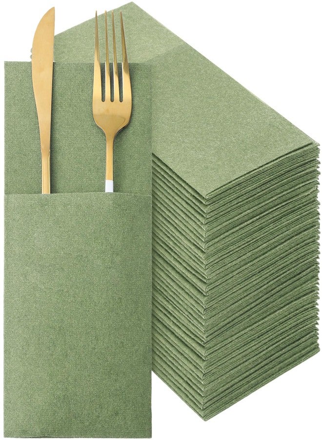 Qilery 50 Pcs Sage Green Paper Linen Napkins with Built in Pocket Flatware Disposable Airlaid Paper Prefolded Dinner Napkins for Silverware Valentine Wedding Party Christmas Day (Classic) - Image 1