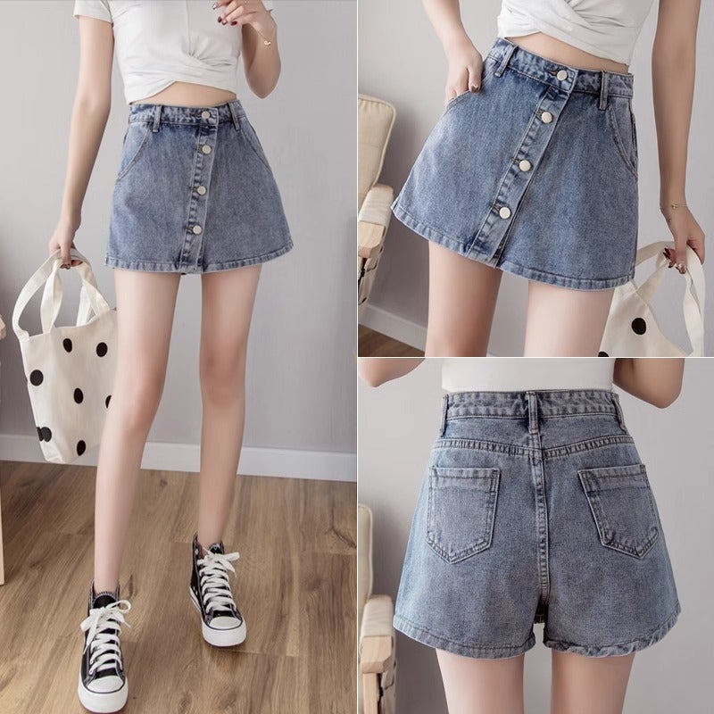 Korean Style High Waist Denim Skirt Womens Summer 2024 New plus size Loose Slim A- line Wide Leg Short Pants Skirt Blue