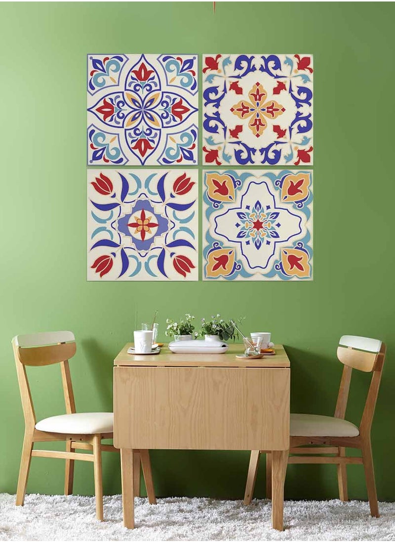 LOWHA Set Of 4 Framed Square Canvas Wall Arts Stretched Over Wooden Frame, Turkish Ceramic Tiles Painting, For Home, Living Room, Office Decor  - Image 1