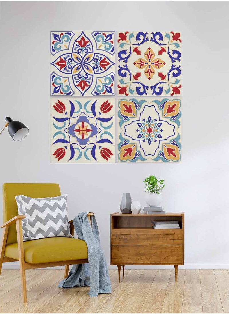LOWHA Set Of 4 Framed Square Canvas Wall Arts Stretched Over Wooden Frame, Turkish Ceramic Tiles Painting, For Home, Living Room, Office Decor  - Image 2