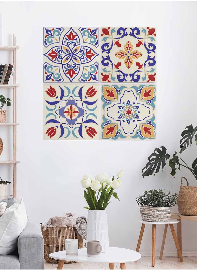 LOWHA Set Of 4 Framed Square Canvas Wall Arts Stretched Over Wooden Frame, Turkish Ceramic Tiles Painting, For Home, Living Room, Office Decor  - Image 3
