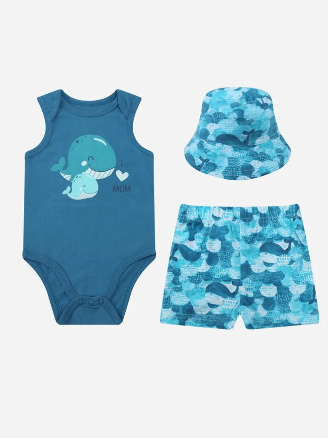 Mothers Choice Pack 3 - Baby Sleeveless Bodysuit with Shorts and Sun Hat