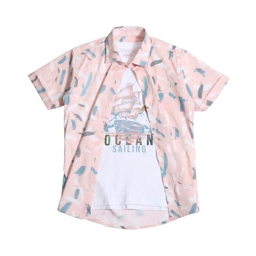 CAVIO Boys Peach Floral Print Half Sleeve Cotton Shirt with T-Shirt - Image 1
