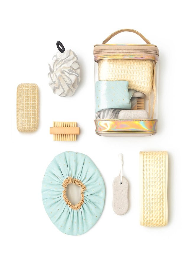 ويش كي طقم سبا استحمام من ويشكي مكون من 6 قطع للنساء: قبعة استحمام، ليفة استحمام، وسادة تدليك الظهر، حزام تقشير، فرشاة أظافر، حجر خفاف، وسادة ليفة، طقم تقشير الجسم للاستحمام، طقم هدايا للبنات - Image 1