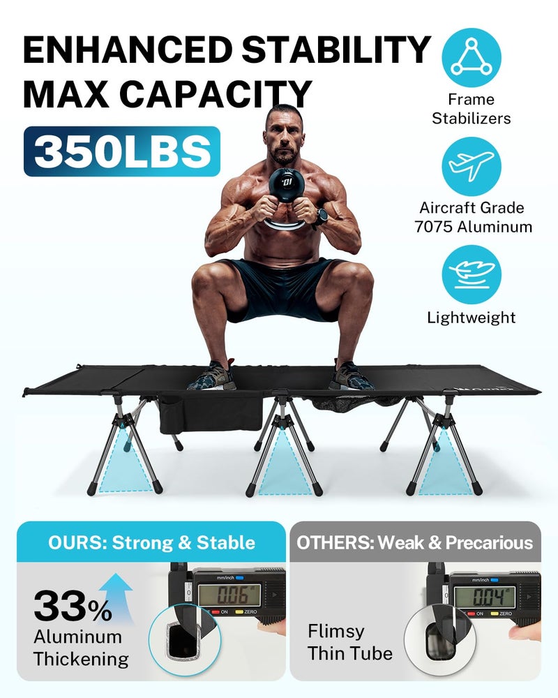 Gonex Camping Cot with Leg Extenders 2 in 1 Portable Ultralight Folding Cot for Adults Adjustable Height Supports 350lbs Sleeping Bed for Backpacking Travel Beach Home 74.8"x27.5"(Black, 1 PCS) - Image 2