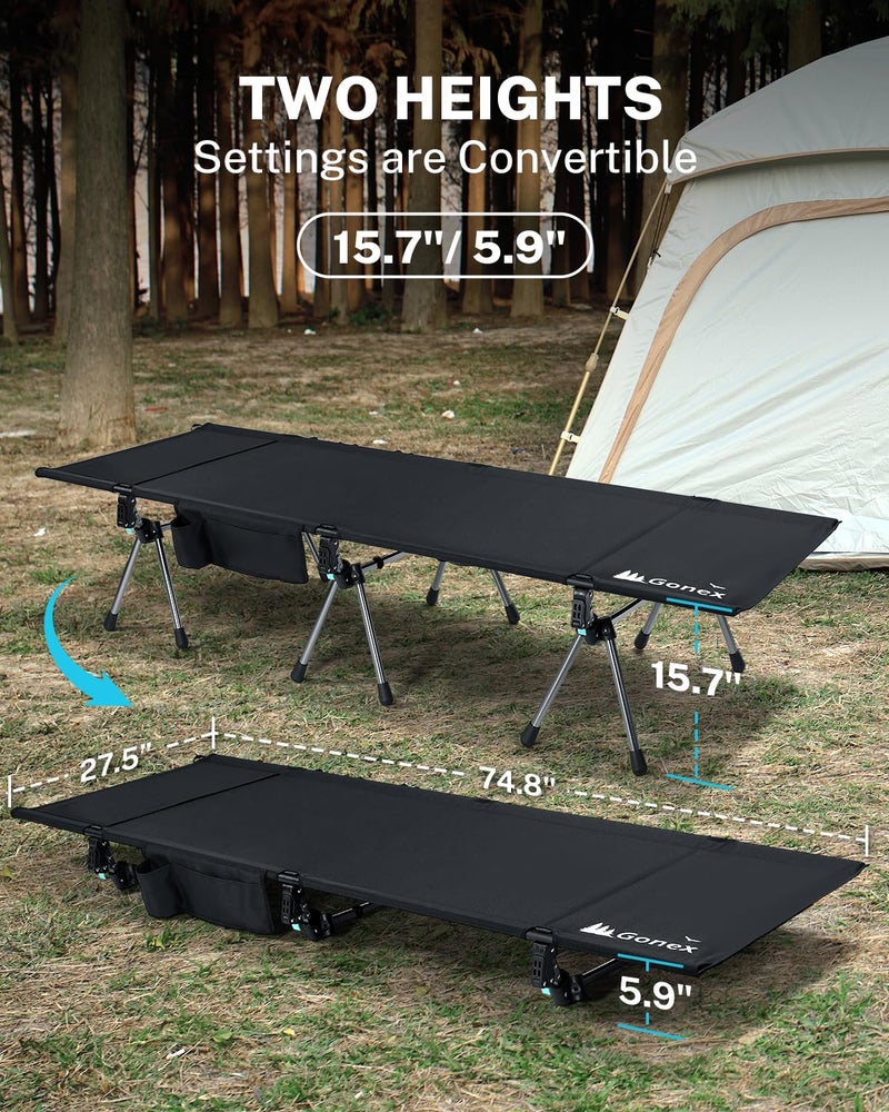 Gonex Camping Cot with Leg Extenders 2 in 1 Portable Ultralight Folding Cot for Adults Adjustable Height Supports 350lbs Sleeping Bed for Backpacking Travel Beach Home 74.8"x27.5"(Black, 1 PCS) - Image 4