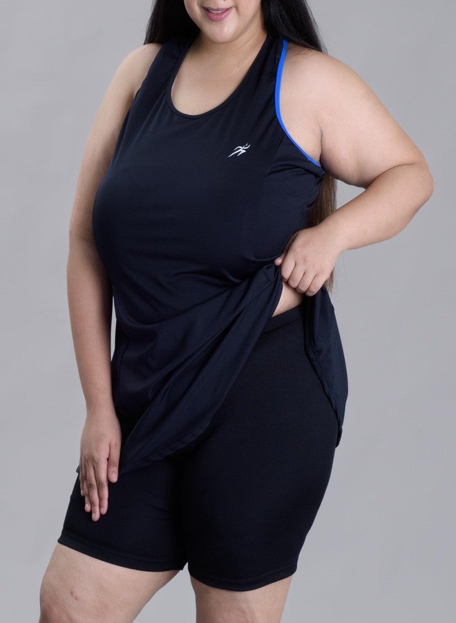 كيب فيت طقم سباحة نسائي مبطن برقبة دائرية ومقاسات كبيرة من Keepfit، بتصميم فستان قصير مع شورت سباحة أسود | ملابس سباحة نسائية - Image 2