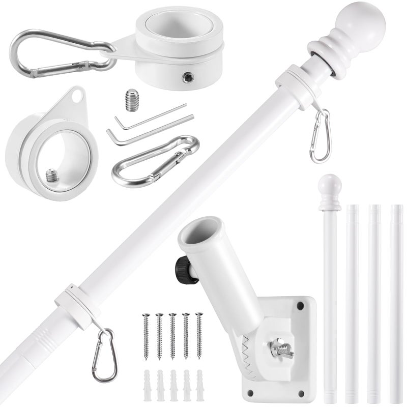 BONWIN White Flag Pole Kit for House 5 FT Thickened Stainless Steel Porch Wall Mount Flagpole for 3x5 Flag 1 Tangle Free Rotating Flag Pole Rings 180 Adjustable MultiPositions Bracket Holder