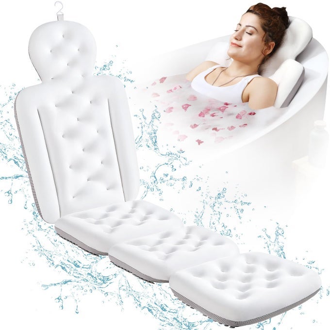 FULL BODY BATH PILLOW FOR BATHTUB THICK BATHTUB CUSHION WITH LAUNDRY BAG LUXURY TUB PILLOW FOR BATH FOR HEADREST NECK AND BACK SUPPORT WHITE 60 X 16