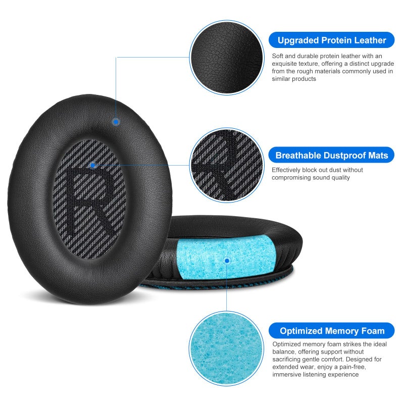 Aurivor Replacement Ear-Pads Cushions for Bose QuietComfort QC-35 QC-35-ii QC-25 QC-15 QC-2 Headphone, Ae2/Ae2i/Ae2W SoundLink SoundTrue Around-Ear, with Soft Protein Leather, Added Thickness (Black) - Image 3