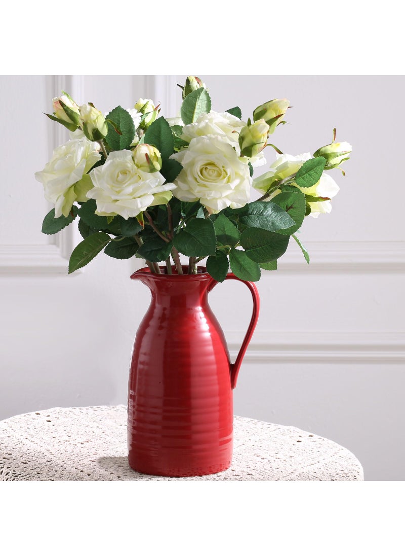 hjn hjn Farmhouse Pitcher Vase - Red Ceramic Vase for Home Decor Rustic Jug with Handle for Accents/Living Room/Bookshelf/Mantel/-Red  - Image 1