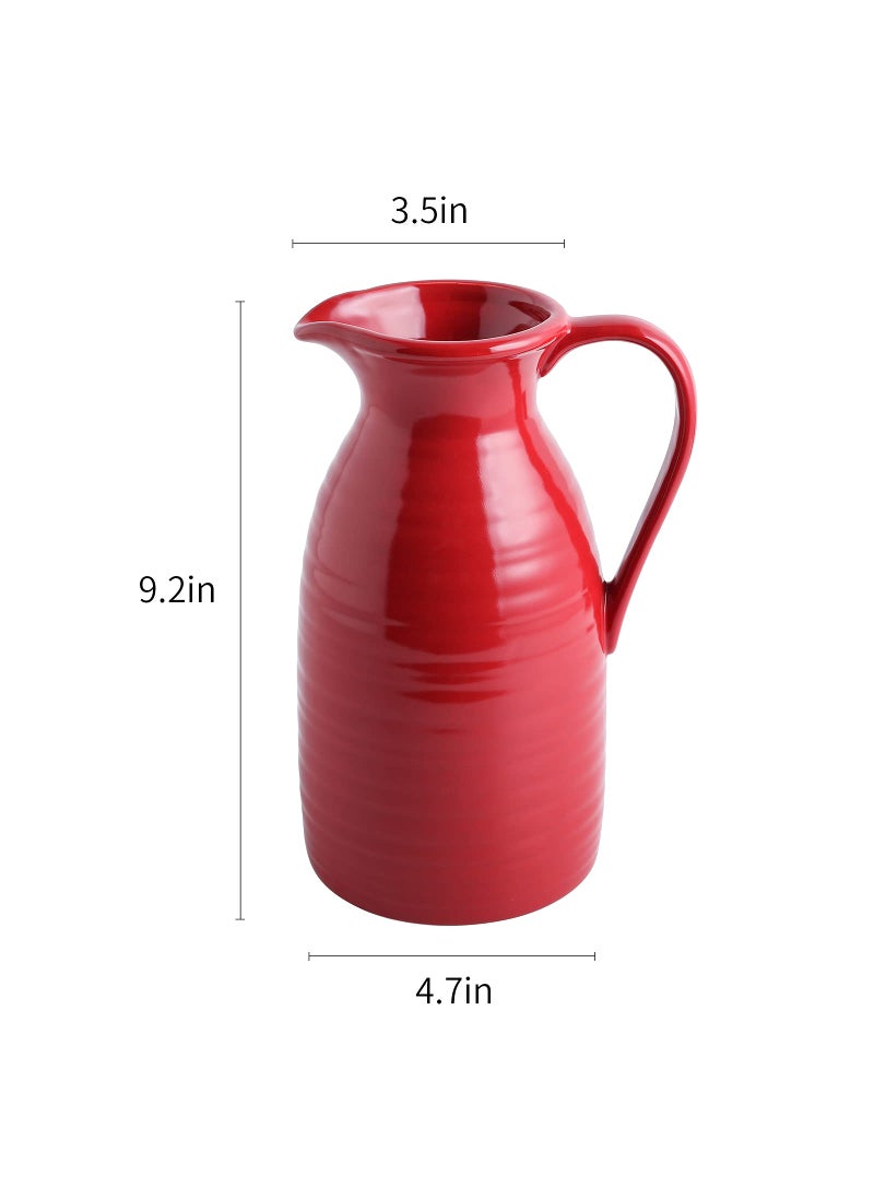 hjn hjn Farmhouse Pitcher Vase - Red Ceramic Vase for Home Decor Rustic Jug with Handle for Accents/Living Room/Bookshelf/Mantel/-Red  - Image 4