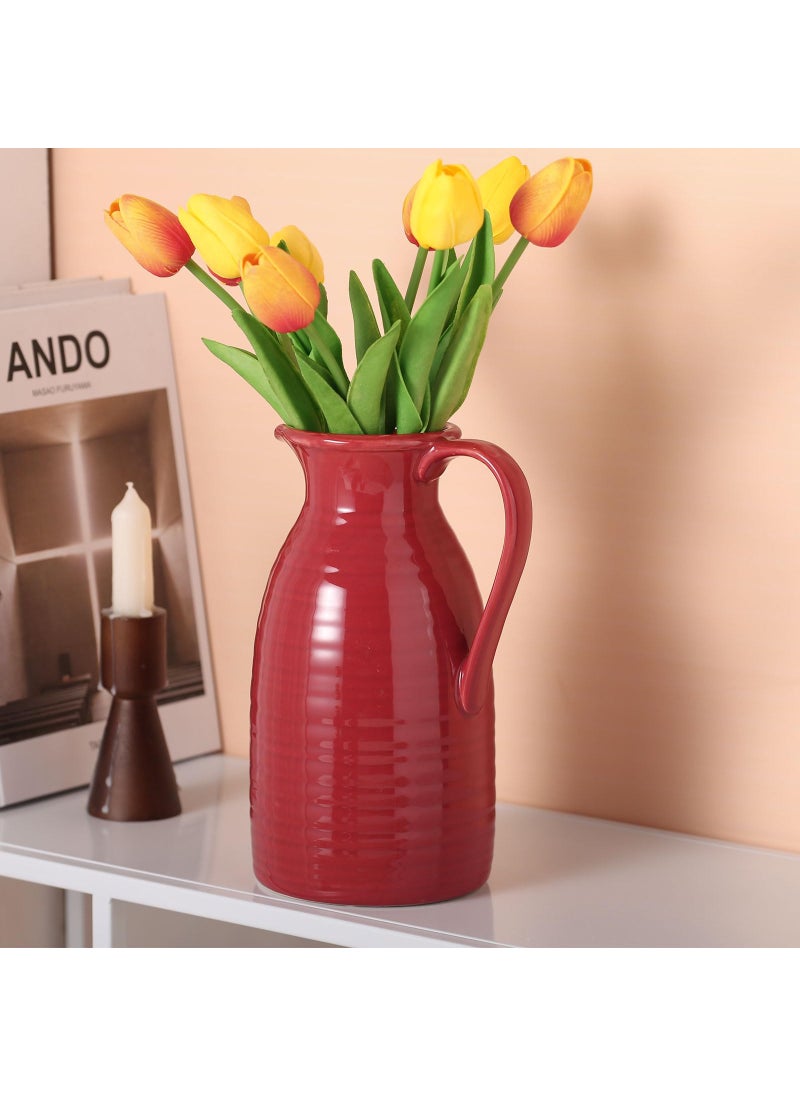 hjn hjn Farmhouse Pitcher Vase - Red Ceramic Vase for Home Decor Rustic Jug with Handle for Accents/Living Room/Bookshelf/Mantel/-Red  - Image 3
