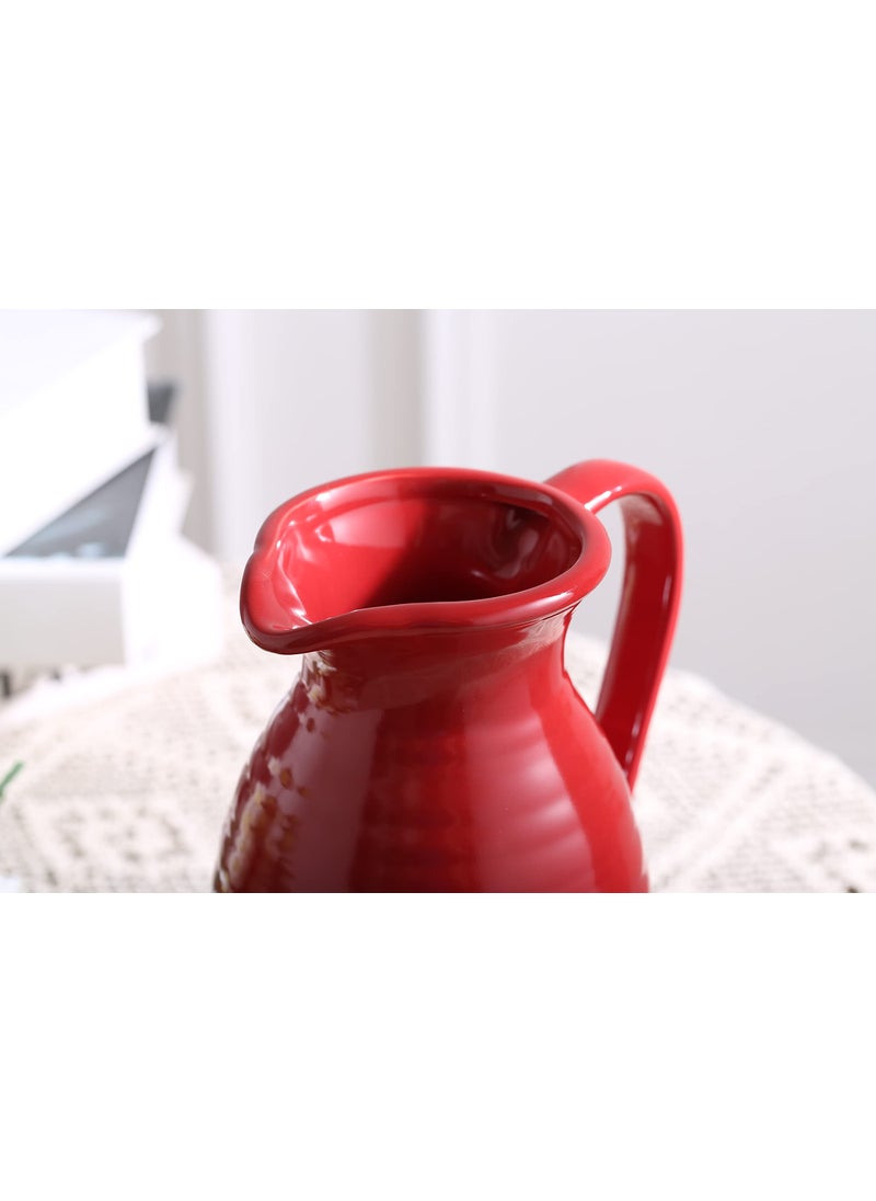 hjn hjn Farmhouse Pitcher Vase - Red Ceramic Vase for Home Decor Rustic Jug with Handle for Accents/Living Room/Bookshelf/Mantel/-Red  - Image 5