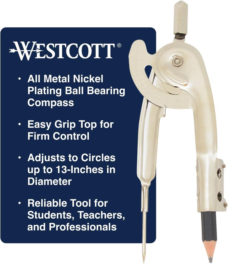 Westcott Metal Ball Bearing Compass with Pencil, Nickel Plated - Image 2