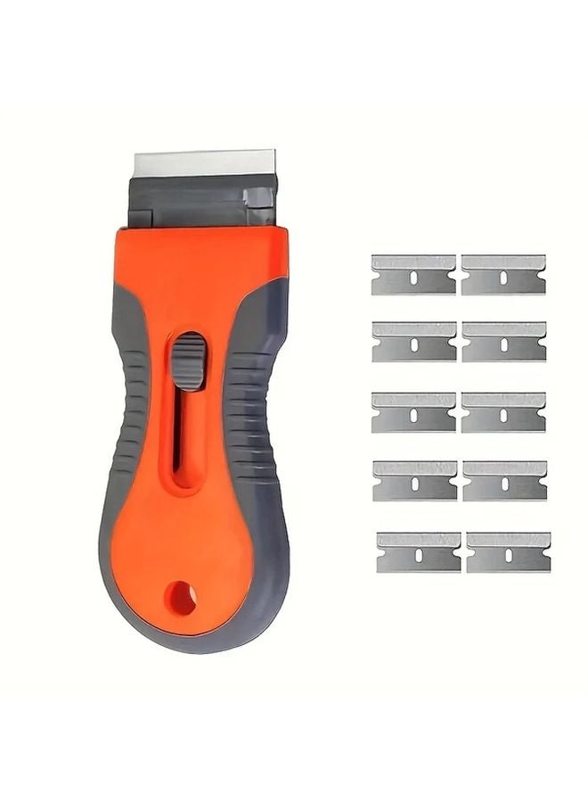 Orange Glass Scraper With 10 Metal Blades Adjustable Stain Remover For Kitchen Bathroom - Image 2