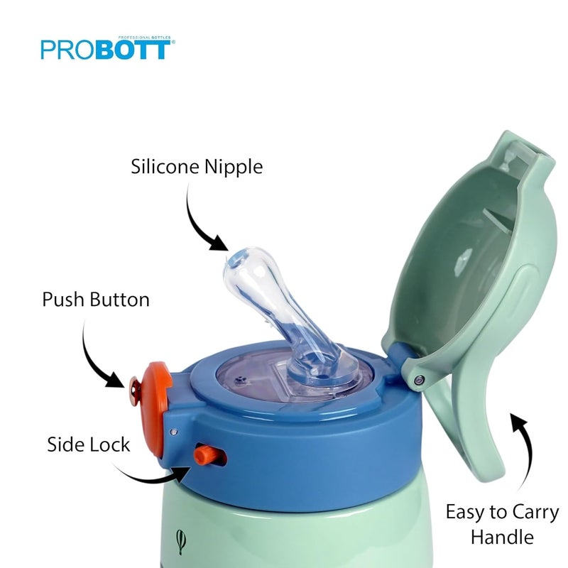 PROBOTT Probott Cool Kid 360ml Sipper for 3-5 yrs Kids | Stainless Steel Hot & Cold Water Bottle | Double Walled Vacuum Flask | Perfect for Toddlers | Leakproof | Pack of 2 | Glacial Green+Soft Pink  - Image 2