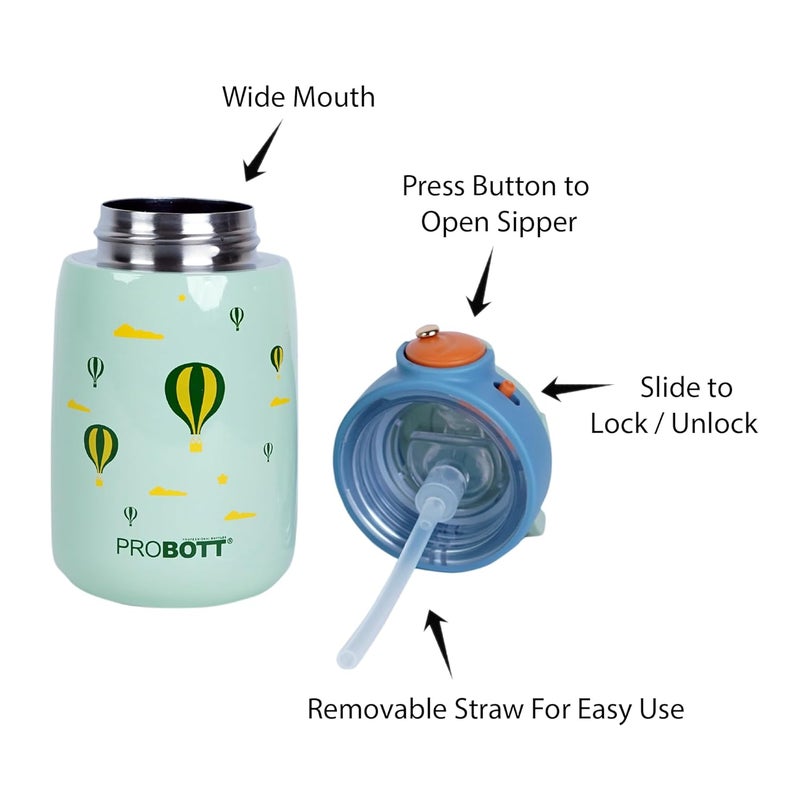 PROBOTT Probott Cool Kid 360ml Sipper for 3-5 yrs Kids | Stainless Steel Hot & Cold Water Bottle | Double Walled Vacuum Flask | Perfect for Toddlers | Leakproof | Pack of 2 | Glacial Green+Soft Pink  - Image 4