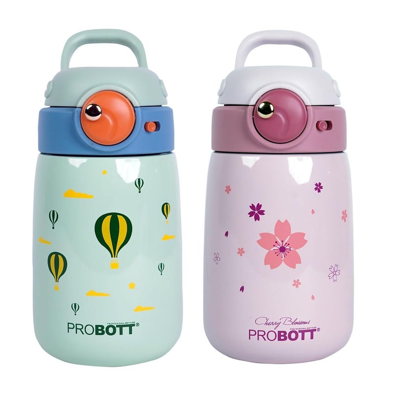 PROBOTT Probott Cool Kid 360ml Sipper for 3-5 yrs Kids | Stainless Steel Hot & Cold Water Bottle | Double Walled Vacuum Flask | Perfect for Toddlers | Leakproof | Pack of 2 | Glacial Green+Soft Pink  - Image 1