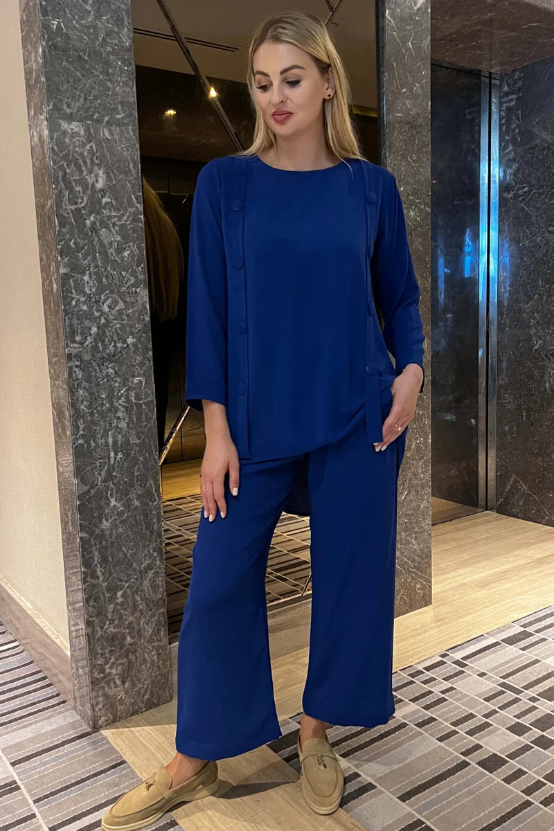 مويستريت طقم بلوزة بياقة دائرية وأزرار وسروال