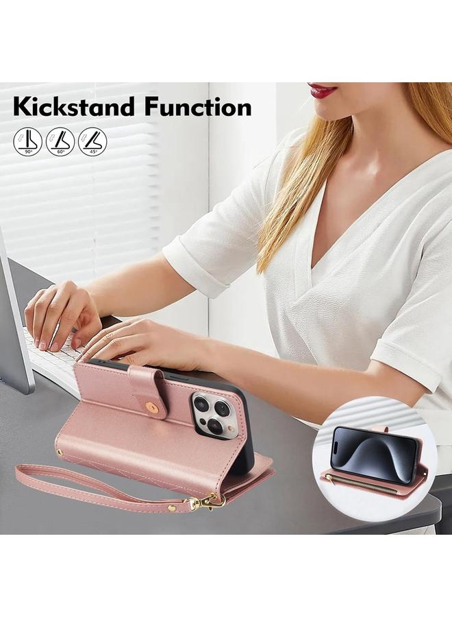 اس-توب جراب هاتف iPhone 13 Pro Max YM016 محفظة بطاقات جلدية بسحاب معيني مع حبل - Image 3