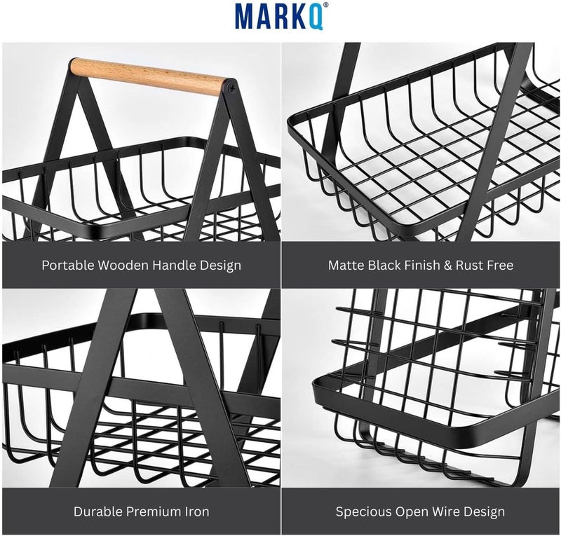 MARKQ سلة فواكه بطبقتين لسطح المطبخ - رف تخزين الفواكه والخضروات المعدنية السوداء | حامل الخبز والوجبات الخفيفة والمنتجات، مصنوع من الفولاذ السبيكي المتين مع تشطيب مطلي بالبودرة - Image 2