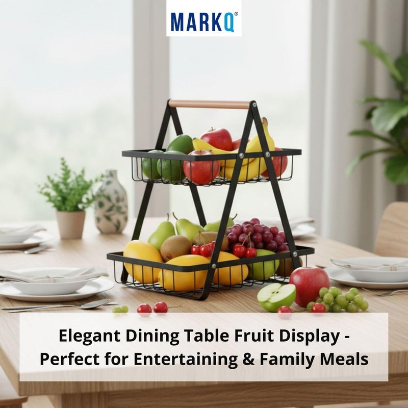 MARKQ سلة فواكه بطبقتين لسطح المطبخ - رف تخزين الفواكه والخضروات المعدنية السوداء | حامل الخبز والوجبات الخفيفة والمنتجات، مصنوع من الفولاذ السبيكي المتين مع تشطيب مطلي بالبودرة - Image 4