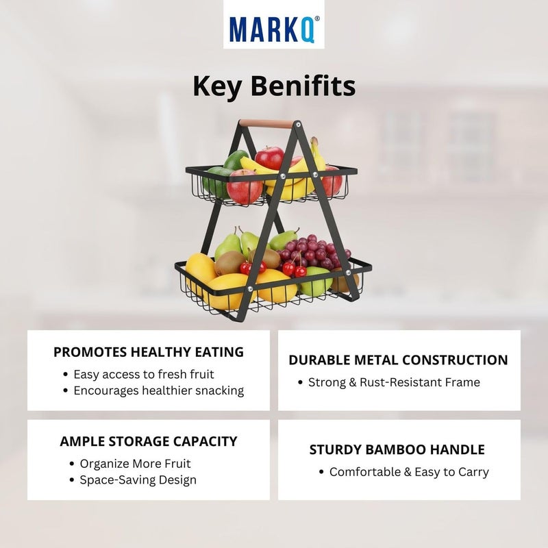 MARKQ سلة فواكه بطبقتين لسطح المطبخ - رف تخزين الفواكه والخضروات المعدنية السوداء | حامل الخبز والوجبات الخفيفة والمنتجات، مصنوع من الفولاذ السبيكي المتين مع تشطيب مطلي بالبودرة - Image 5