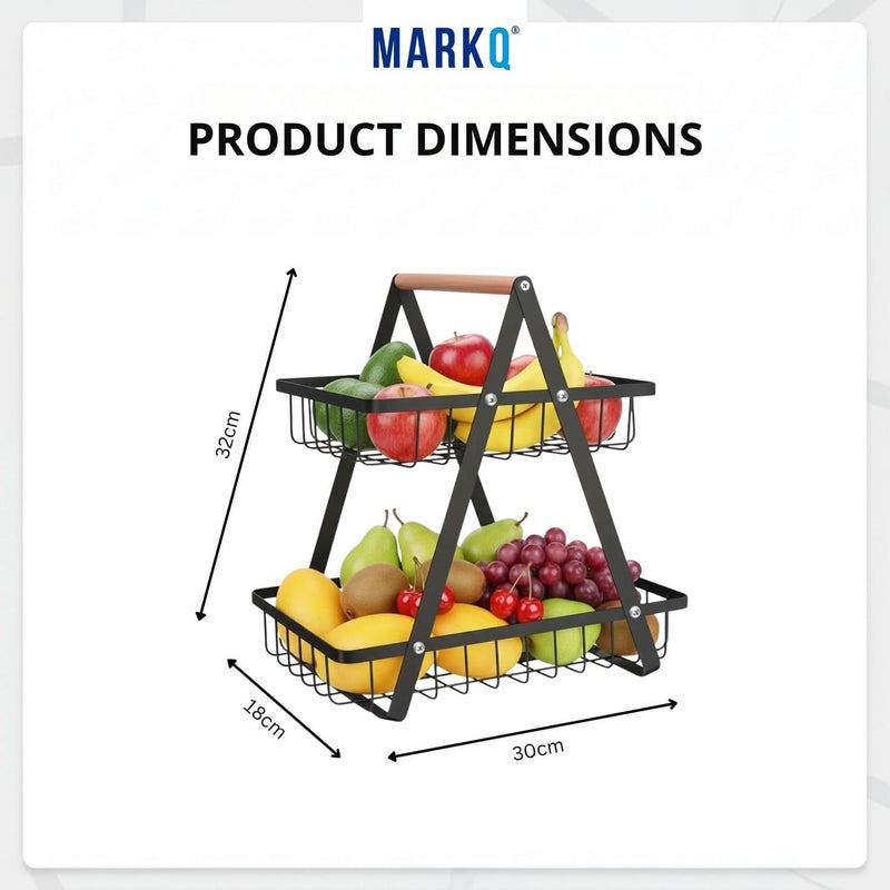MARKQ سلة فواكه بطبقتين لسطح المطبخ - رف تخزين الفواكه والخضروات المعدنية السوداء | حامل الخبز والوجبات الخفيفة والمنتجات، مصنوع من الفولاذ السبيكي المتين مع تشطيب مطلي بالبودرة - Image 3
