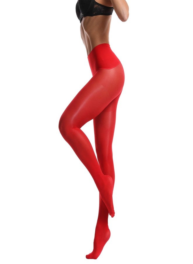 Frola Oil Shiny Stockings Pantyhose 360°Seamless Crotch High Waist Smooth Tights for Women(Large,1Pair Red) - Image 2