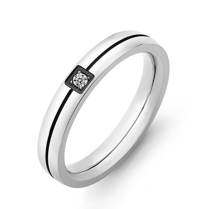 Fashionable Couple Rings Set - Two-Tone Titanium Steel & Stainless Steel Ring with Diamond Accents, Trendy Unisex Jewelry
