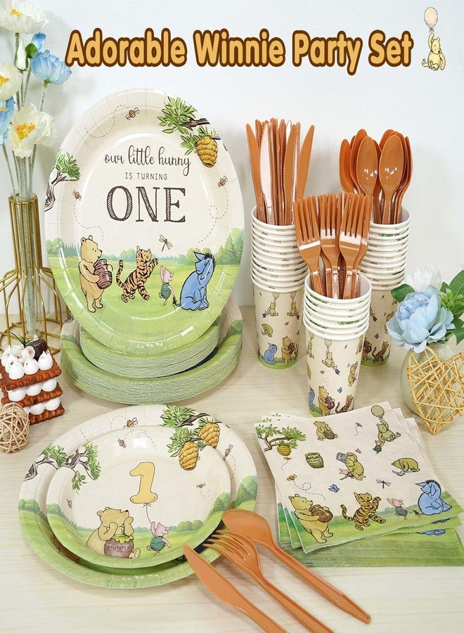 Caisehabu Winnie First Birthday Decorations Plates Set, 175pcs 1st Birthday Plates Napkins Cups Cutlery for Boys and Girls, 25 Guests - Image 4