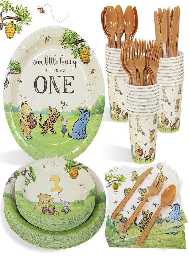 Caisehabu Winnie First Birthday Decorations Plates Set, 175pcs 1st Birthday Plates Napkins Cups Cutlery for Boys and Girls, 25 Guests - Image 1