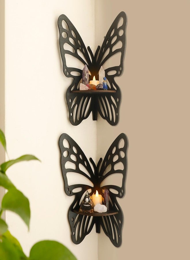 Artilady Butterfly Crystal Shelf - 2 PCS Black Wall Corner Shelf Crystal Display Shelf Floating Shelves for Bedrooms Boho Cute Bathroom Kitchen Office Living Room Decor Aesthetic Witchy Gift - Image 1