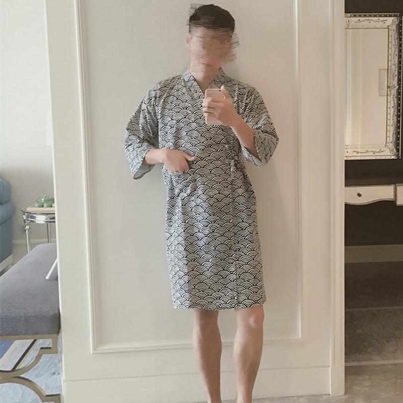 Azonee Men's Cotton Yukata Kimono Robe - Soft Lightweight Spa Bathrobe for Sleepwear & Loungewear - Image 3