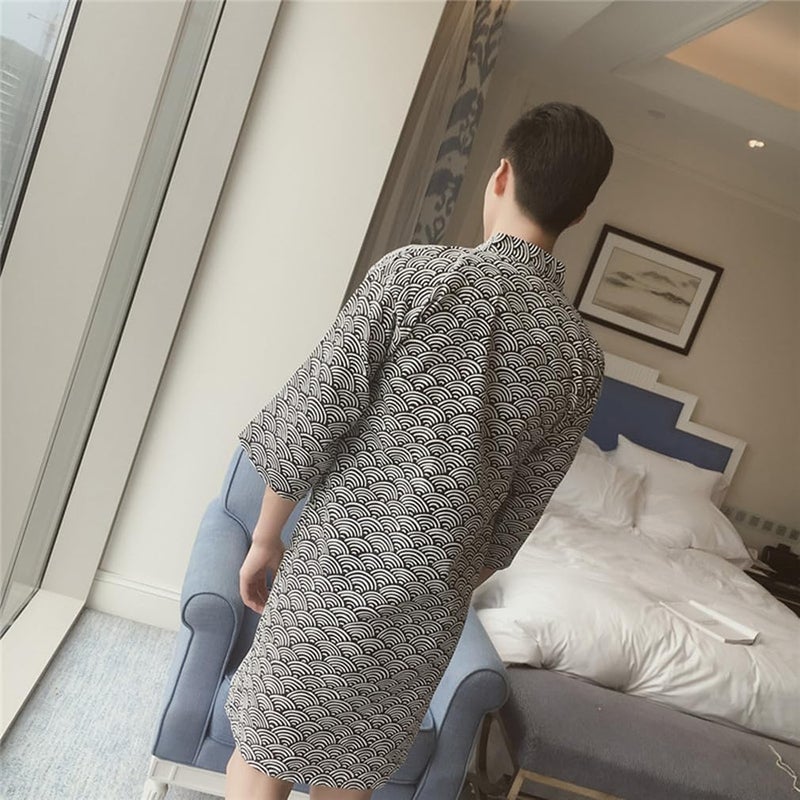 Azonee Men's Cotton Yukata Kimono Robe - Soft Lightweight Spa Bathrobe for Sleepwear & Loungewear - Image 4
