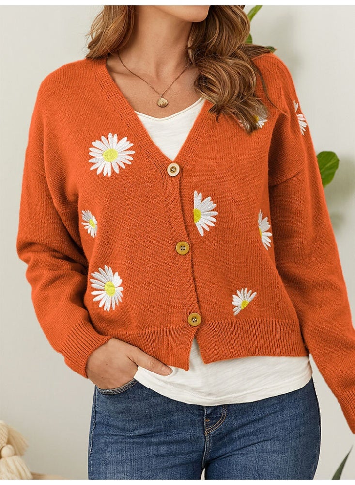 NIBEMINENT Women Knitted Cardigan Floral V Neck Full Sleeve Coat Single Breasted Sweaters Jumpers Open Stitch Autumn Winter - Image 2