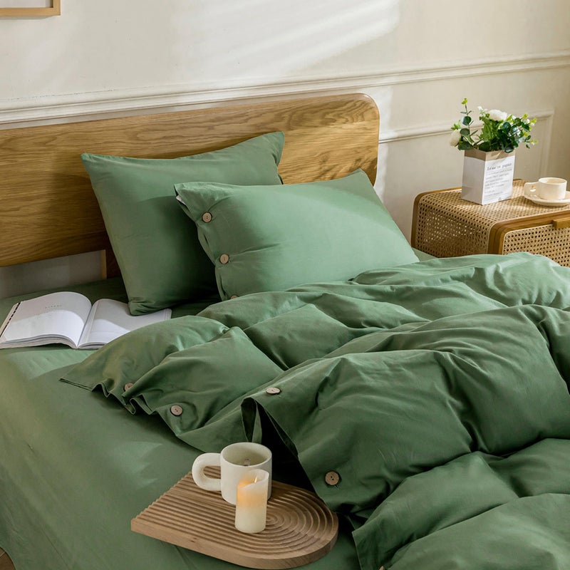 JELLYMONI Cotton Duvet Cover Twin Size - Green Comforter Cover with Button 100% Washed Cotton 2PCS Breathable Soft Solid Bedding Set Duvet Cover 68Ã—90in & 1 Pillowcase (NO Comforter) - Image 2