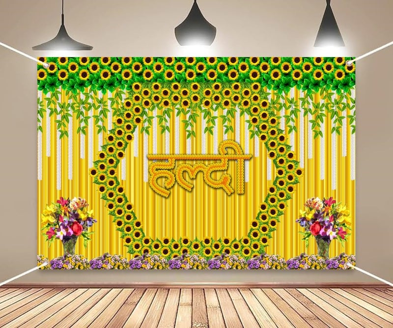 DARSHANAM WORLD Wedding Decorative Cloth for Haldi & Mehndi Ceremony, Photoshoot, Haldi Background Enhancer for Mehndi Ceremony (8x5 ft, 3D Printed Backdrop with Floral & Logo Design) (Yellow) - Image 1