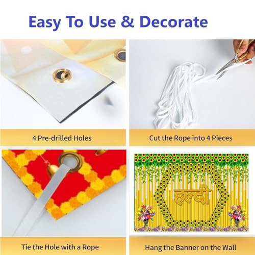DARSHANAM WORLD Wedding Decorative Cloth for Haldi & Mehndi Ceremony, Photoshoot, Haldi Background Enhancer for Mehndi Ceremony (8x5 ft, 3D Printed Backdrop with Floral & Logo Design) (Yellow) - Image 4