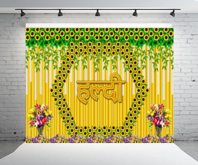 DARSHANAM WORLD Wedding Decorative Cloth for Haldi & Mehndi Ceremony, Photoshoot, Haldi Background Enhancer for Mehndi Ceremony (8x5 ft, 3D Printed Backdrop with Floral & Logo Design) (Yellow) - Image 2