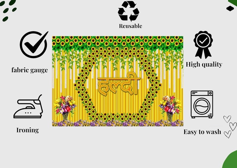 DARSHANAM WORLD Wedding Decorative Cloth for Haldi & Mehndi Ceremony, Photoshoot, Haldi Background Enhancer for Mehndi Ceremony (8x5 ft, 3D Printed Backdrop with Floral & Logo Design) (Yellow) - Image 5